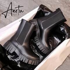 Aiertu High Quality Ankle Boots for Women Autumn Motorcycle Boots Thick Heel Platform Shoes Woman Slip on Round Toe Fashion Boot Aiertu