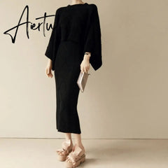 Aiertu High Quality Autumn Winter Women Knitted 2 Piece Set Batwing Sleeve Loose Tops+Slim Bodycon Skirt Female Sweater Suits Aiertu