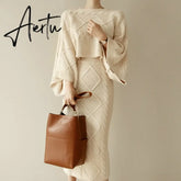 Aiertu High Quality Autumn Winter Women Knitted 2 Piece Set Batwing Sleeve Loose Tops+Slim Bodycon Skirt Female Sweater Suits Aiertu