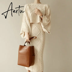 Aiertu High Quality Autumn Winter Women Knitted 2 Piece Set Batwing Sleeve Loose Tops+Slim Bodycon Skirt Female Sweater Suits Aiertu