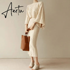 Aiertu High Quality Autumn Winter Women Knitted 2 Piece Set Batwing Sleeve Loose Tops+Slim Bodycon Skirt Female Sweater Suits Aiertu