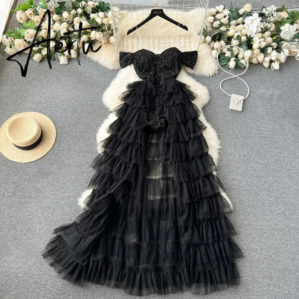 Aiertu High Quality Cake Dress Fashion Strap Sequin Mesh Design Women Temperament Sleeveless Autumn Shiny Long Dress Aiertu