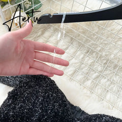 Aiertu High Quality Cake Dress Fashion Strap Sequin Mesh Design Women Temperament Sleeveless Autumn Shiny Long Dress Aiertu
