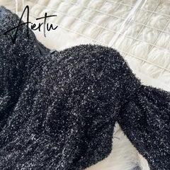 Aiertu High Quality Cake Dress Fashion Strap Sequin Mesh Design Women Temperament Sleeveless Autumn Shiny Long Dress Aiertu