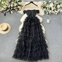 Aiertu High Quality Cake Dress Fashion Strap Sequin Mesh Design Women Temperament Sleeveless Autumn Shiny Long Dress Aiertu