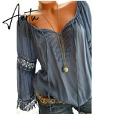 Aiertu High quality large size cotton and linen women's blouse spring new tops V-neck lace long sleeve women's shirt Aiertu