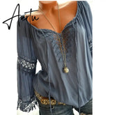 Aiertu High quality large size cotton and linen women's blouse spring new tops V-neck lace long sleeve women's shirt Aiertu