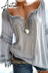 Aiertu High quality large size cotton and linen women's blouse spring new tops V-neck lace long sleeve women's shirt Aiertu