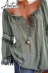 Aiertu High quality large size cotton and linen women's blouse spring new tops V-neck lace long sleeve women's shirt Aiertu