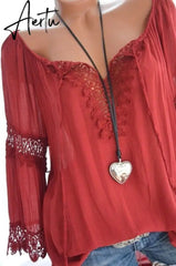 Aiertu High quality large size cotton and linen women's blouse spring new tops V-neck lace long sleeve women's shirt Aiertu