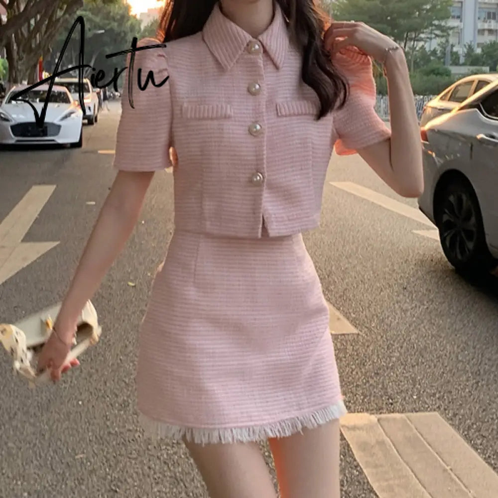 Aiertu High quality summer Tweed two Piece Set Women Crop Top Jacket Coat + Mini Skirt Sets Female 2 Piece Suits ensemble femme Aiertu