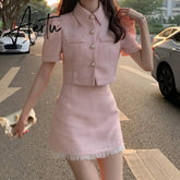 Aiertu High quality summer Tweed two Piece Set Women Crop Top Jacket Coat + Mini Skirt Sets Female 2 Piece Suits ensemble femme Aiertu