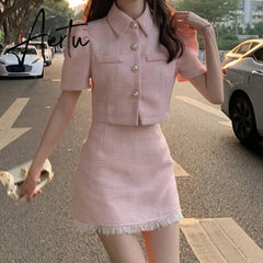 Aiertu High quality summer Tweed two Piece Set Women Crop Top Jacket Coat + Mini Skirt Sets Female 2 Piece Suits ensemble femme Aiertu