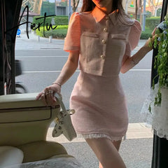 Aiertu High quality summer Tweed two Piece Set Women Crop Top Jacket Coat + Mini Skirt Sets Female 2 Piece Suits ensemble femme Aiertu