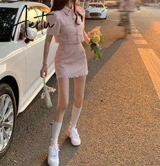 Aiertu High quality summer Tweed two Piece Set Women Crop Top Jacket Coat + Mini Skirt Sets Female 2 Piece Suits ensemble femme Aiertu