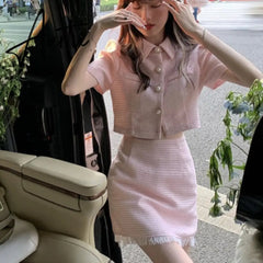 Aiertu High quality summer Tweed two Piece Set Women Crop Top Jacket Coat + Mini Skirt Sets Female 2 Piece Suits ensemble femme Aiertu