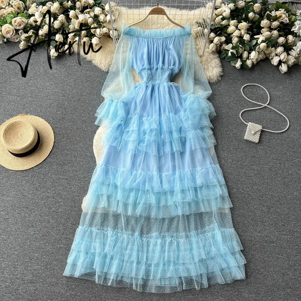 Aiertu High Street Fashion Cake Mesh Party Dress Women Off the Shoulder Tierred Elastic Sundress Polka Dot Lace Maxi Dress Aiertu