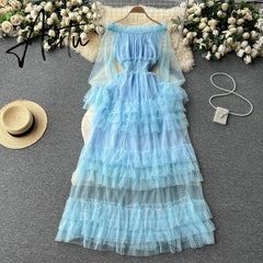 Aiertu High Street Fashion Cake Mesh Party Dress Women Off the Shoulder Tierred Elastic Sundress Polka Dot Lace Maxi Dress Aiertu