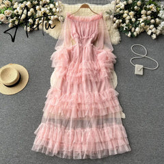Aiertu High Street Fashion Cake Mesh Party Dress Women Off the Shoulder Tierred Elastic Sundress Polka Dot Lace Maxi Dress Aiertu