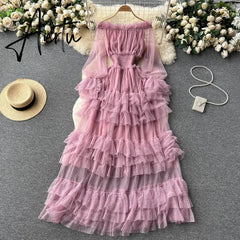 Aiertu High Street Fashion Cake Mesh Party Dress Women Off the Shoulder Tierred Elastic Sundress Polka Dot Lace Maxi Dress Aiertu