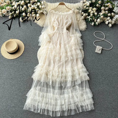Aiertu High Street Fashion Cake Mesh Party Dress Women Off the Shoulder Tierred Elastic Sundress Polka Dot Lace Maxi Dress Aiertu