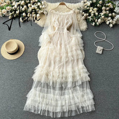 Aiertu High Street Fashion Cake Mesh Party Dress Women Off the Shoulder Tierred Elastic Sundress Polka Dot Lace Maxi Dress Aiertu