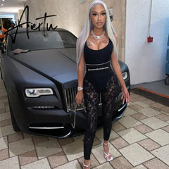 Aiertu High Waist See-Through Zip Up Bodycon Sleeveless Pencil Jumpsuit Summer Women Fashion Streetwear Casual Club Y2K Aiertu