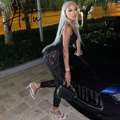Aiertu High Waist See-Through Zip Up Bodycon Sleeveless Pencil Jumpsuit Summer Women Fashion Streetwear Casual Club Y2K Aiertu