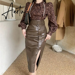 Aiertu High Waist Slim Split PU Skirt For Women Autumn Winter Fashion Wrap Hip Pleats Leather Lady Asymmetry Sexy Mid-long Skirts Aiertu