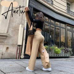 Aiertu High Waist Solid Zip Up Botton Wide Leg Pants Autumn Winter Women Fashion Streetwear Casual Trousers Aiertu
