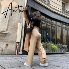 Aiertu High Waist Solid Zip Up Botton Wide Leg Pants Autumn Winter Women Fashion Streetwear Casual Trousers Aiertu