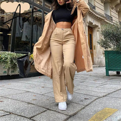 Aiertu High Waist Solid Zip Up Botton Wide Leg Pants Autumn Winter Women Fashion Streetwear Casual Trousers Aiertu