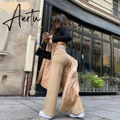 Aiertu High Waist Solid Zip Up Botton Wide Leg Pants Autumn Winter Women Fashion Streetwear Casual Trousers Aiertu
