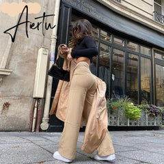 Aiertu High Waist Solid Zip Up Botton Wide Leg Pants Autumn Winter Women Fashion Streetwear Casual Trousers Aiertu