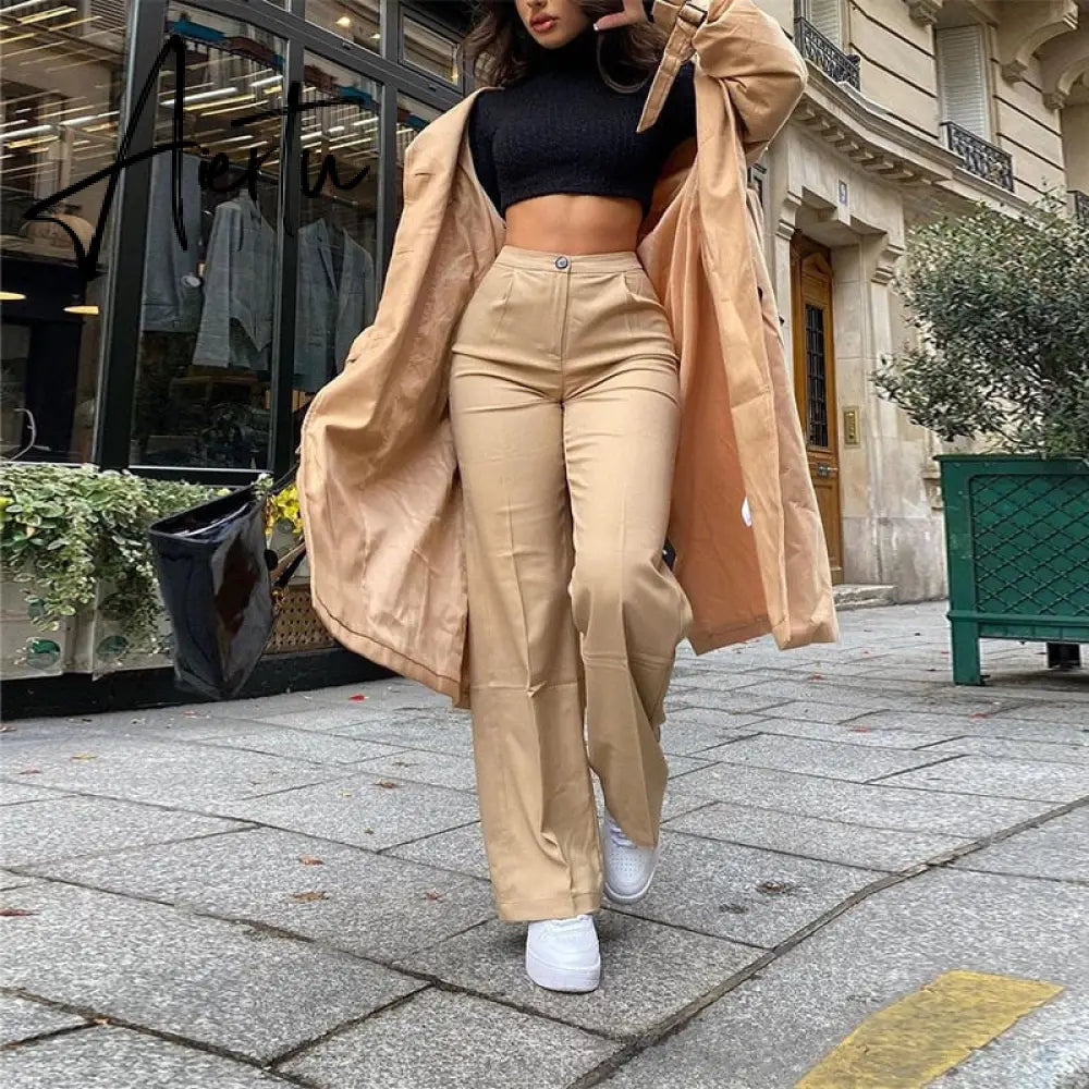 Aiertu High Waist Solid Zip Up Botton Wide Leg Pants Autumn Winter Women Fashion Streetwear Casual Trousers Aiertu