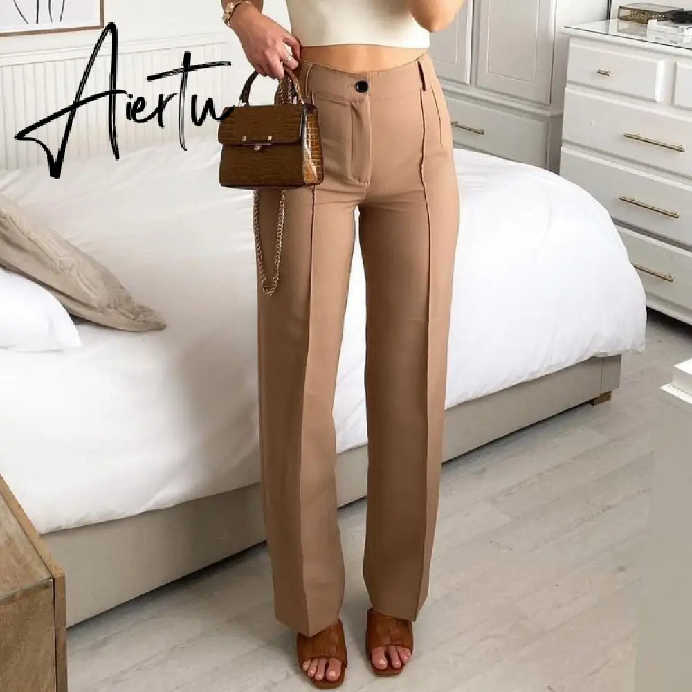Aiertu High Waisted Casual White Trousers Women Brown Stright Pants Office Lady Korean Style Women Pantalones De Mujer Aiertu