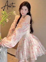 Aiertu Holiday Chiffon Floral Dress Long Sleeve Women Summer Dress Oversized Off Shoulder Sexy High Waist Sweet Mini Beach Dress Aiertu