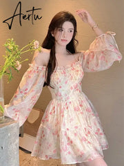Aiertu Holiday Chiffon Floral Dress Long Sleeve Women Summer Dress Oversized Off Shoulder Sexy High Waist Sweet Mini Beach Dress Aiertu
