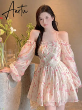 Aiertu Holiday Chiffon Floral Dress Long Sleeve Women Summer Dress Oversized Off Shoulder Sexy High Waist Sweet Mini Beach Dress Aiertu