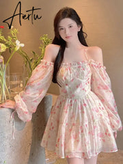 Aiertu Holiday Chiffon Floral Dress Long Sleeve Women Summer Dress Oversized Off Shoulder Sexy High Waist Sweet Mini Beach Dress Aiertu