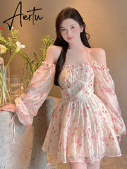 Aiertu Holiday Chiffon Floral Dress Long Sleeve Women Summer Dress Oversized Off Shoulder Sexy High Waist Sweet Mini Beach Dress Aiertu