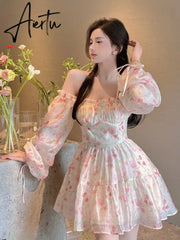 Aiertu Holiday Chiffon Floral Dress Long Sleeve Women Summer Dress Oversized Off Shoulder Sexy High Waist Sweet Mini Beach Dress Aiertu