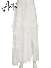 Aiertu Holiday Solid Ruffles Split Skirts Beach Style High Waisted Drawstring Maxi Skirts Women Summer Fashion Ladies Aiertu