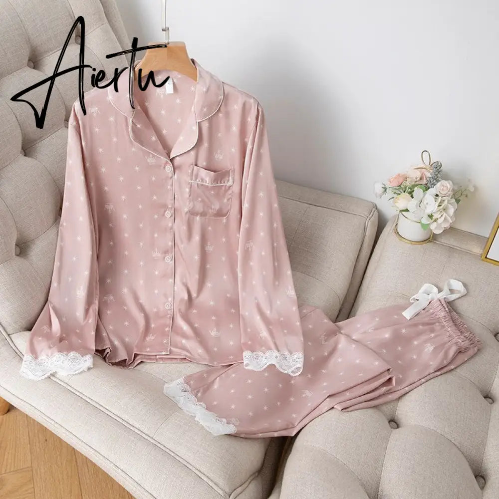 Aiertu Home Clothes Women's Summer Two Piece Suit Pajamas Ice Silk Satin Thin Outwear Print Lace Pyjamas Sleep Wear Lounge Set Aiertu