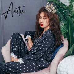 Aiertu Home Clothes Women's Summer Two Piece Suit Pajamas Ice Silk Satin Thin Outwear Print Lace Pyjamas Sleep Wear Lounge Set Aiertu