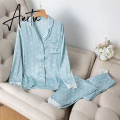 Aiertu Home Clothes Women's Summer Two Piece Suit Pajamas Ice Silk Satin Thin Outwear Print Lace Pyjamas Sleep Wear Lounge Set Aiertu