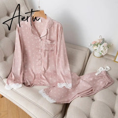 Aiertu Home Clothes Women's Summer Two Piece Suit Pajamas Ice Silk Satin Thin Outwear Print Lace Pyjamas Sleep Wear Lounge Set Aiertu