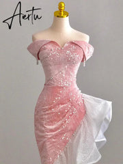 Aiertu Host Evening Dress Luxury Dress Party Sexy Skirt Bare Chest And Sleeveless Dress Party Bridal Toast Dress Pink Glitter Skirt Aiertu