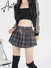 Aiertu Hot Girl Gothic Y2k Mini Skirt Women Korean Fashion Cute Short Skirt Female High Waist Double Belt High Sexy Plaid Skirts 2024 Aiertu