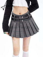 Aiertu Hot Girl Gothic Y2k Mini Skirt Women Korean Fashion Cute Short Skirt Female High Waist Double Belt High Sexy Plaid Skirts 2024 Aiertu